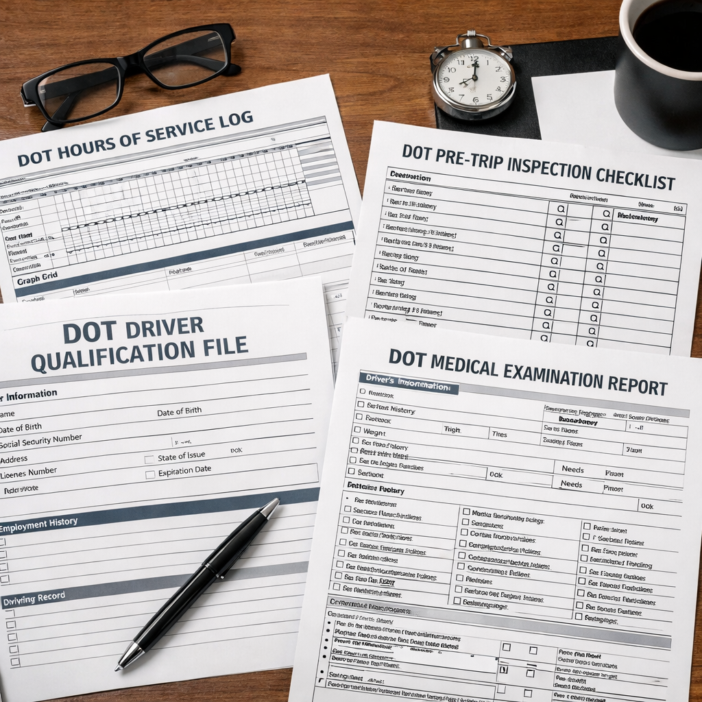 DOT driver qualification, hours of service log, pre-trip inspection checklist, and medical examination report forms on a wooden desk